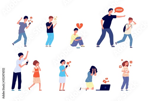 Teenage problems. Teens trouble, unhappy kids. Parents control and emotional anxiety situation. Social network bullying vector illustration. Teenager problem, social victim, bullying and harassment