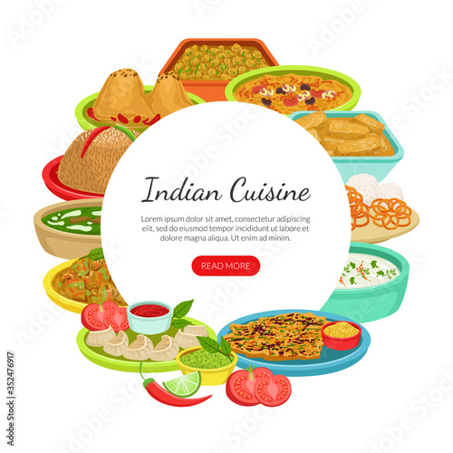 Indian Food Landing Page Template with Traditional Asian Cuisine Dishes and Space for Text  Takeaway Meal  Restaurant or Cafe Design Vector Illustration