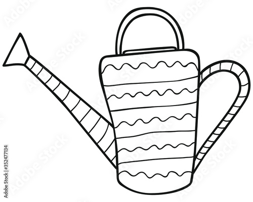 Black and white hand-drawn patterned watering can for plants. Garden and summer cottage irrigation device for kailyard and flower beds in the Scandinavian style.  Icon, logo, sticker. Vector.