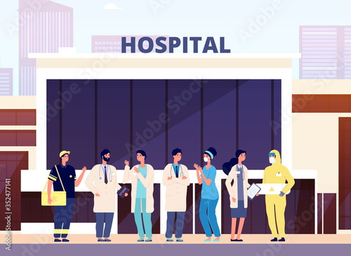Medical team. Hospital building, professional nurse and doctors. Health specialist staff in uniform. Cartoon physicians vector illustration. Medical building and doctors, practitioner and physician