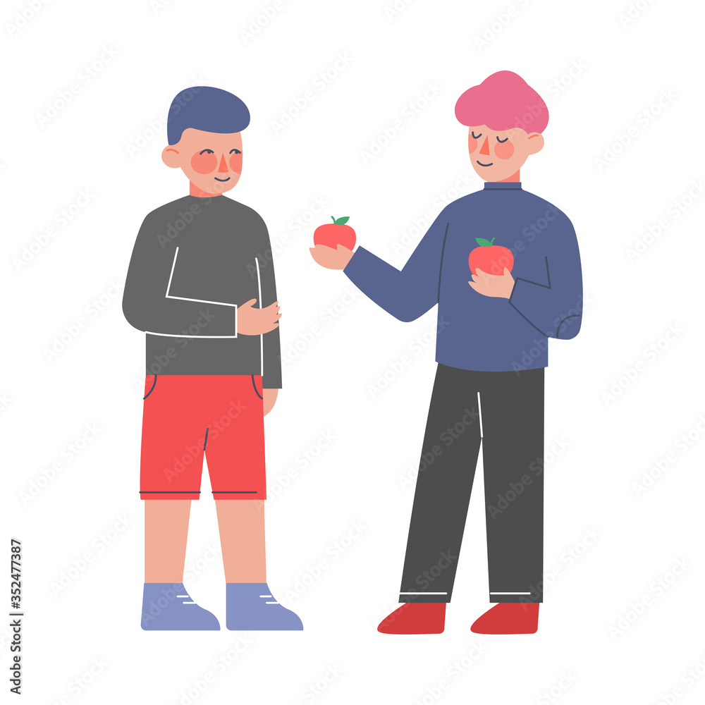 Cute Boy Sharing Apples with His Friend, Polite and Kind Kids, Good Manners Concept Vector Illustration Cute Boy Sharing Apples with His Friend, Polite and Kind Kids, Good Manners Concept Vector Illustration