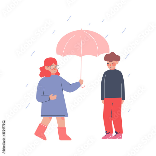 Cute Girl Holding Umbrella Over Boy in Rainy Weather, Polite and Kind Kids, Good Manners Concept Vector Illustration