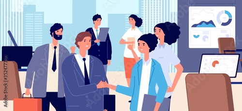 Business handshake. Corporate contract signing, cooperation or collaboration. Businessmen partners meeting office vector illustration. Meeting handshake, partnership contract, teamwork collaboration
