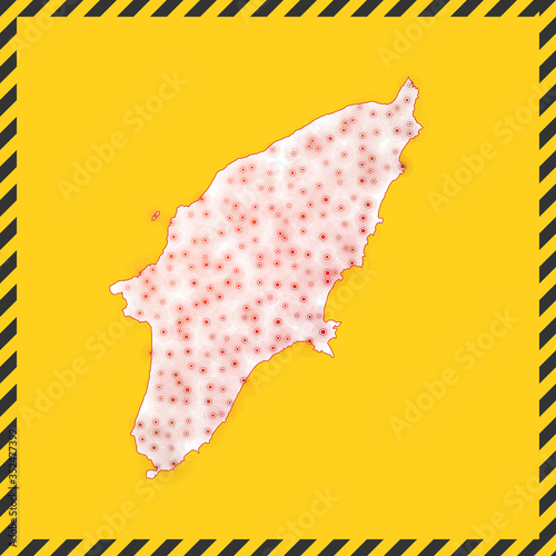 Rhodes closed - virus danger sign. Lockdown island icon. Black striped border around map with virus spread concept. Vector illustration.