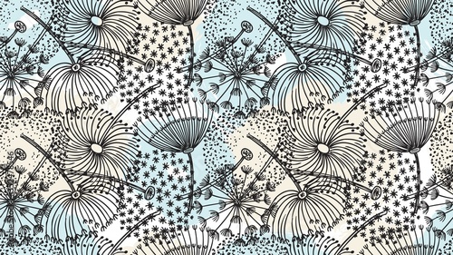 Dandelion pattern. Hand drawn flowers, brush elements background. Forest summer spring season sketch dandelions vector seamless texture. Dandelion background illustration, floral natural blossom