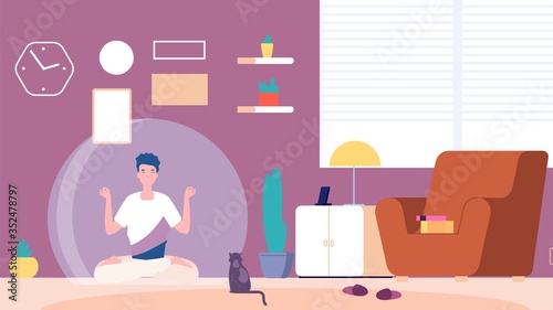 Isolated man. Introvert at home, mental calm and meditation. Boy thinking or guy relaxes separated from world. Voluntary loneliness vector illustration. Introvert calm mental, alone emotional comfort