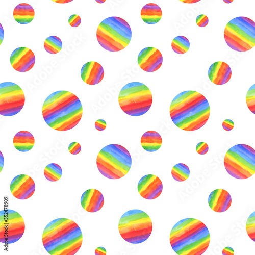 Watercolor seamless pattern with rainbow circles polka dots