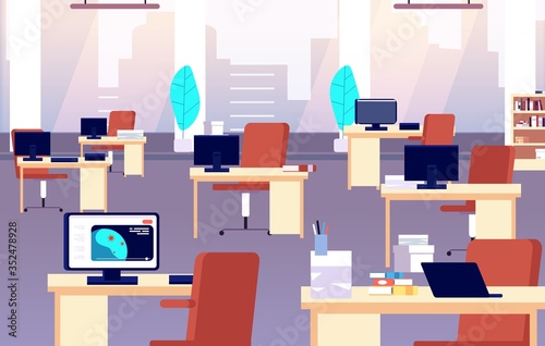 Office interior. Quarantine time, isolation period. Work room or co-working space. Empty business center, open area with desks and computers. Modern corporate workspace vector illustration