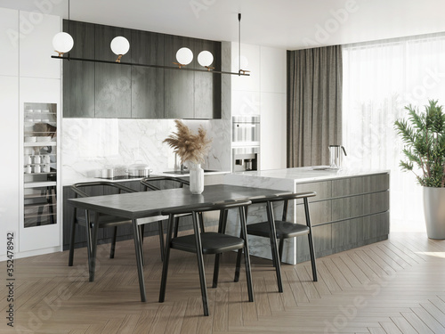 Fototapeta Naklejka Na Ścianę i Meble -  3d modern contemporary grey kitchen with  herringbone floor	
