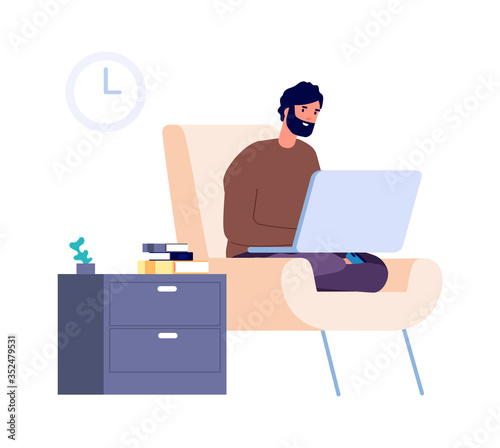 Freelance worker. Distance work, man stay home. Isolation or quarantine period. Flat guy chatting, shopping online or surfing internet vector illustration. Worker job online, workplace quarantine