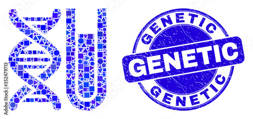 Geometric DNA testtube mosaic pictogram and Genetic seal stamp. Blue vector round textured seal with Genetic title. Abstract mosaic of DNA testtube combined of round, triangles,