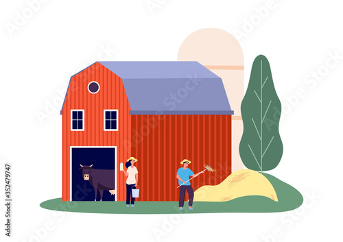 Rural farm. Animals shed, dairy products. Flat woman with bucket, man picking hay vector illustration. Cow farm and farming cattle, milkmaid and man farmer
