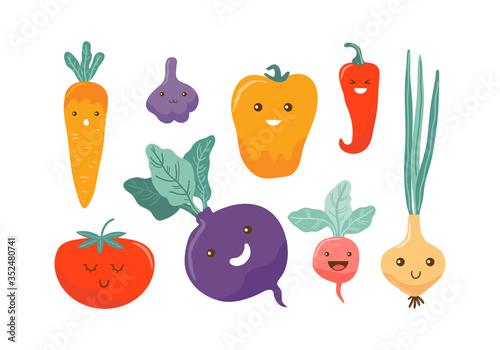Cute colored cartoon vegetable characters. Funny kawaii food characters. Flat icons pepper, carrot, tomato, onion, beetroot, radish, garlic. Healthy foods concept illustration vector for children.