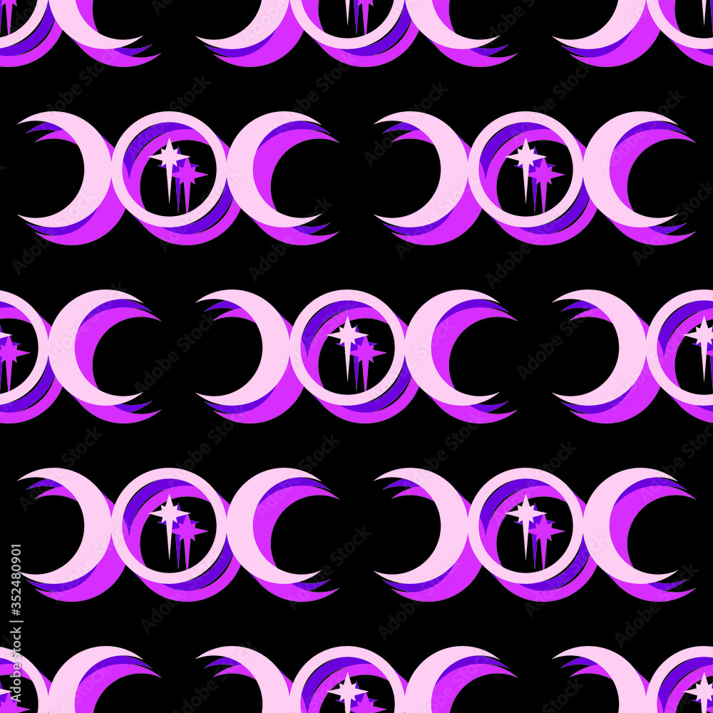 Seamless repeating pattern of the Triple Moon symbol icon with a star at the centre.  Black background with pink and purple vector illustration surface pattern design.