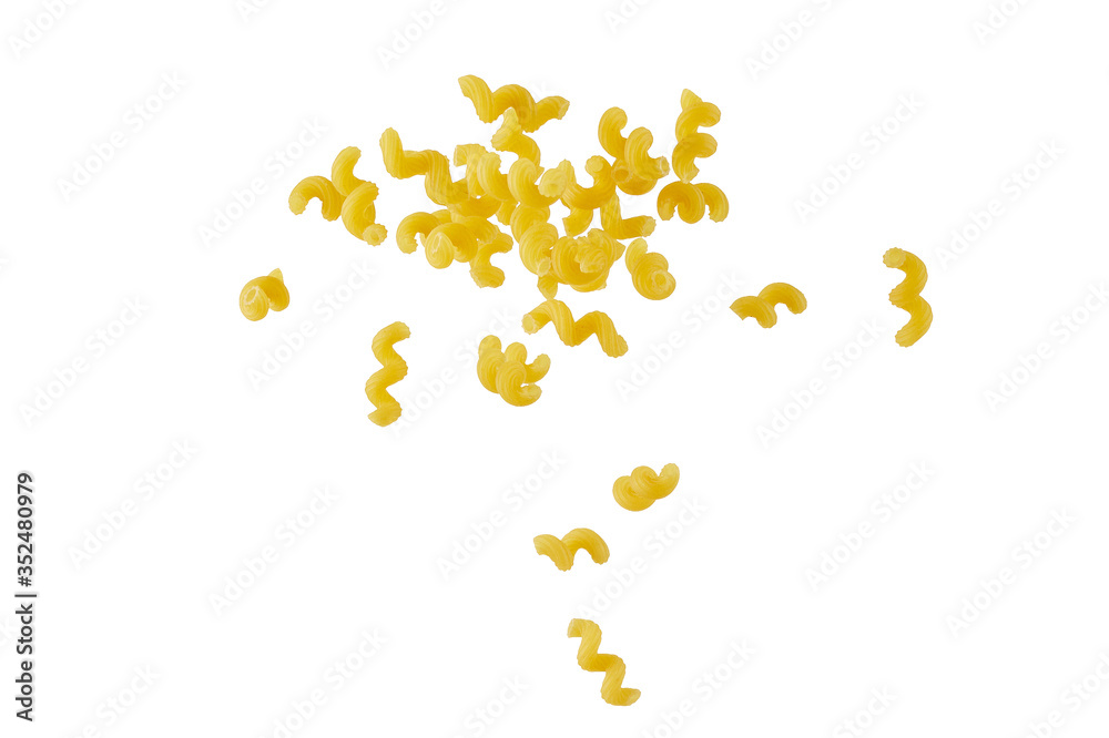 Italian flying raw pasta isolated on white background. macaroni cellentani falling.