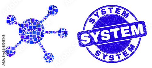 Geometric node links mosaic icon and System seal stamp. Blue vector rounded scratched seal stamp with System text. Abstract concept of node links composed of round, triangles, square geometric items.