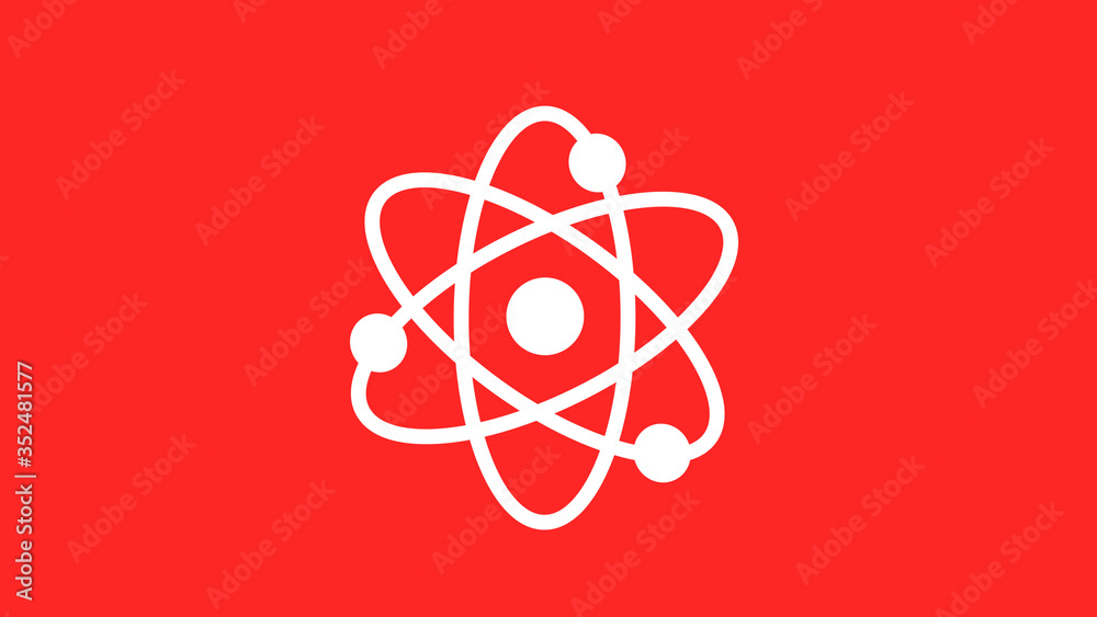 New white atom icon on red background,technology icons