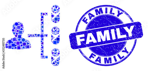 Geometric newborn parent links mosaic pictogram and Family seal stamp. Blue vector rounded distress seal stamp with Family caption. Abstract concept of newborn parent links combined of round, tringle,
