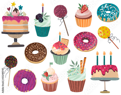 Vector collection of delicious dessert - donuts, cake, cupcakes, cake pops isolated on white background.
