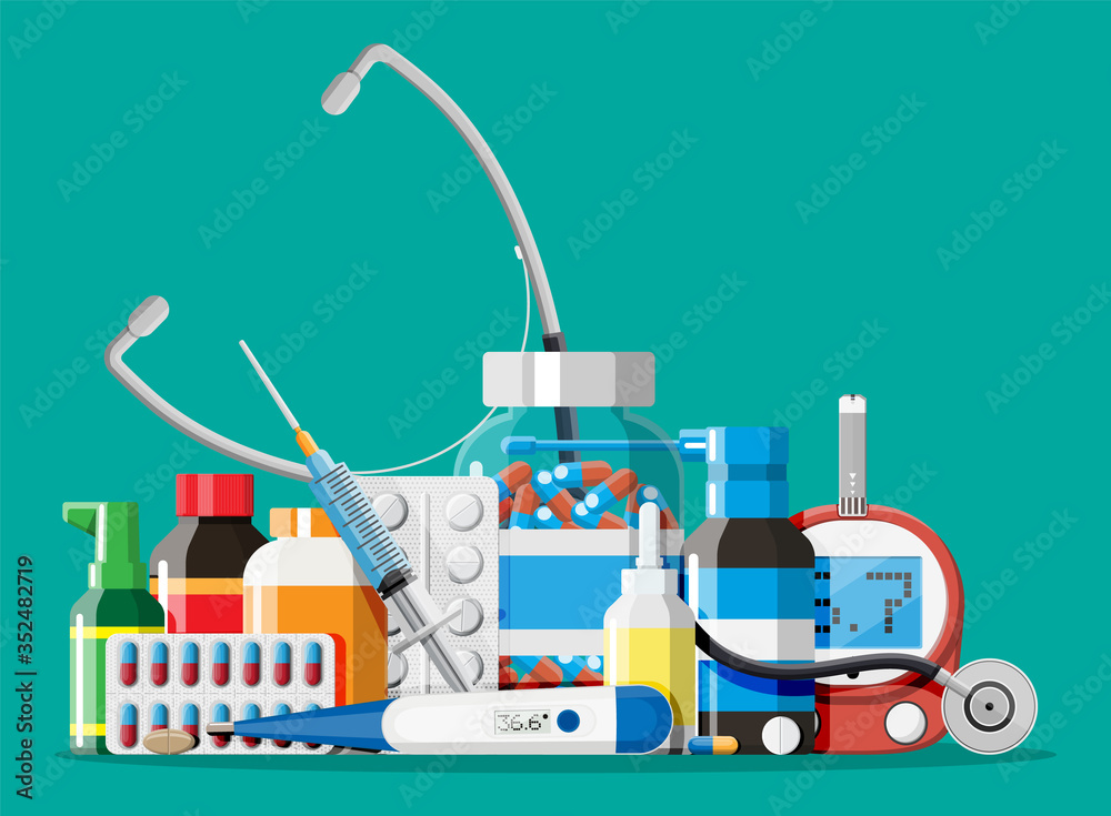 Medicine collection. Set of bottles, tablets, pills, capsules and