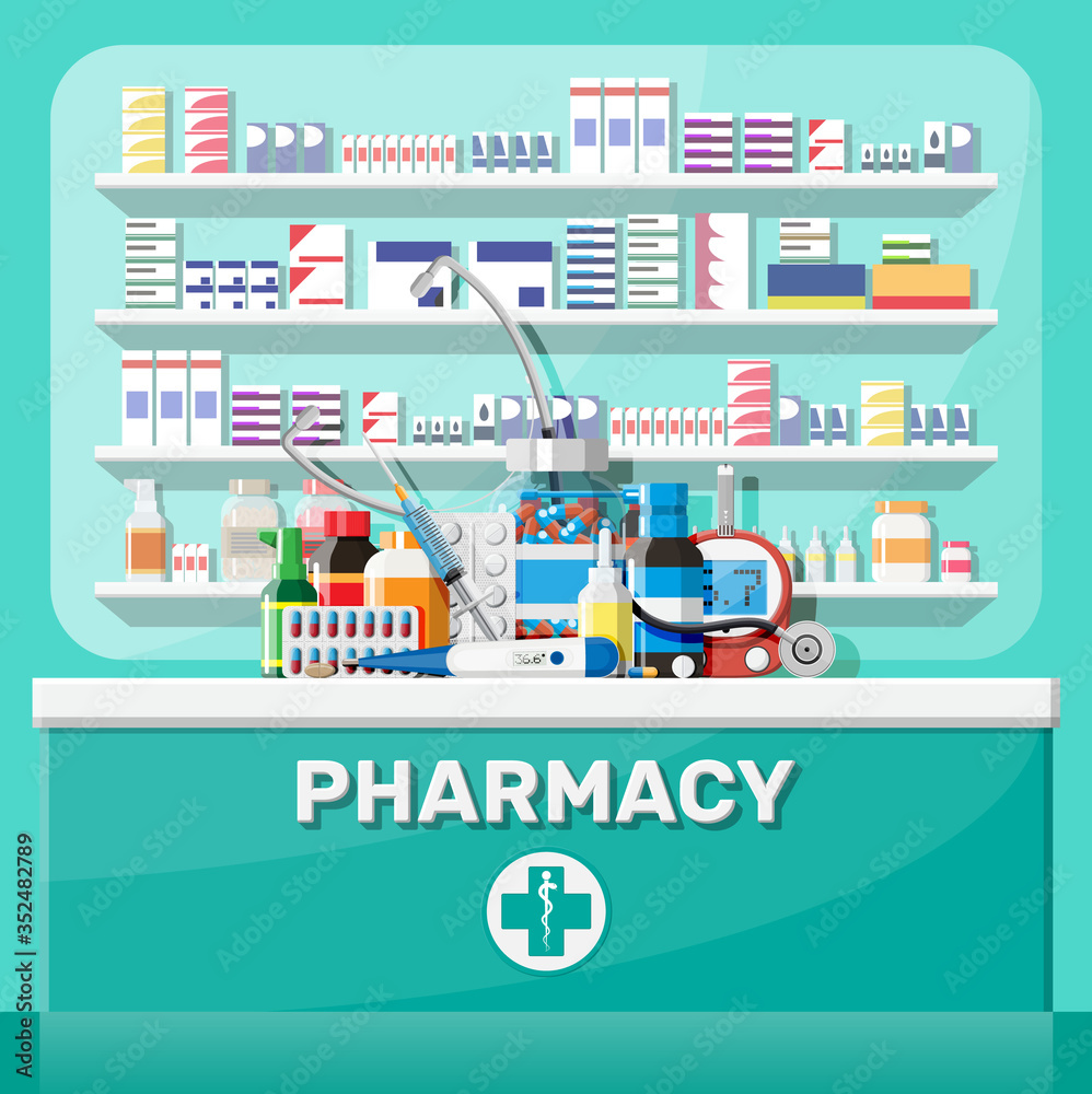 Modern interior of pharmacy. Medicine pills capsules bottles vitamins and tablets. Drugstore showcase. Shelves with medicines. Medical drug, vitamin, antibiotic healthcare. Flat vector illustration