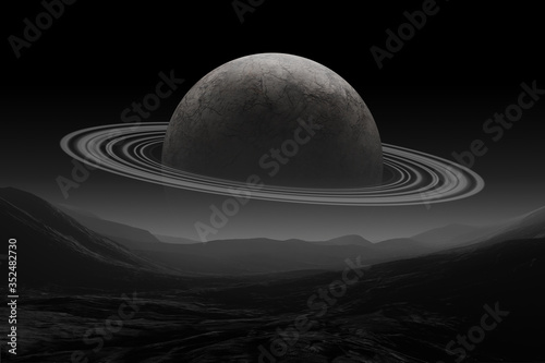 science fiction space landscape with saturn over alien landscape, 3d illustration