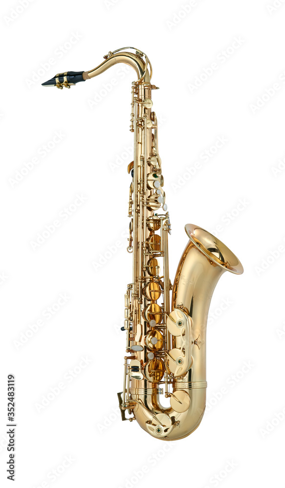 Fototapeta premium Golden Tenor Saxophone, Woodwind Music Instrument Isolated on White background