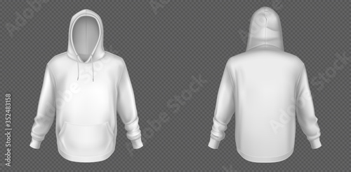 Hoody, white sweatshirt mock up front and back view set. Isolated hoodie with long sleeves, kangaroo muff pocket and drawstrings. Sport, casual or urban clothing fashion, Realistic 3d vector mockup