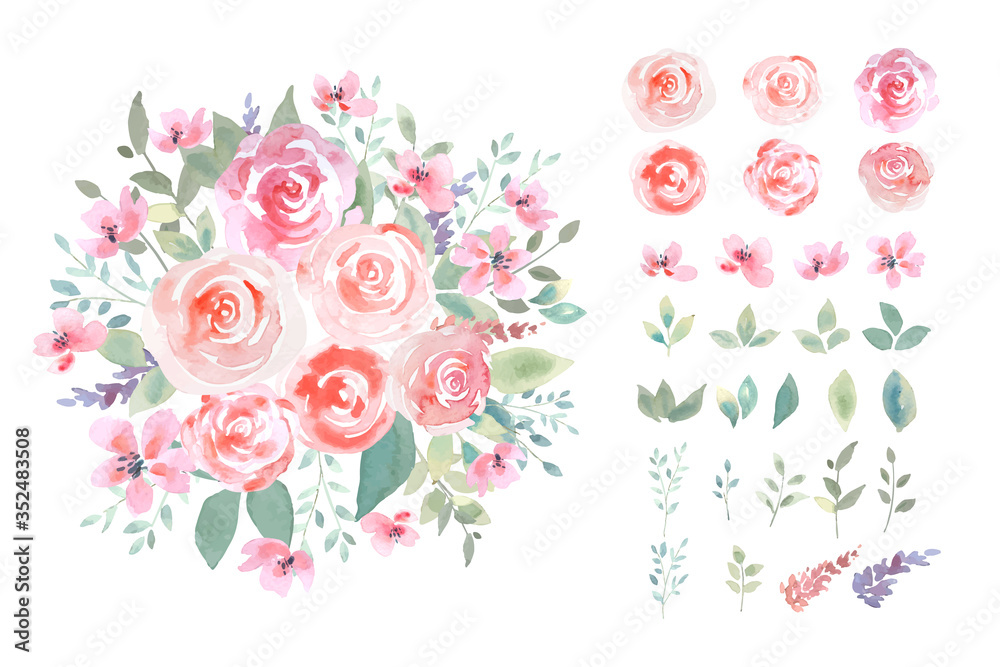 Water color rose with green leaf bouquet in botanical loose style with isolated arrangement set on white background illustration vector. Suitable for Valentine's day and wedding design elements.