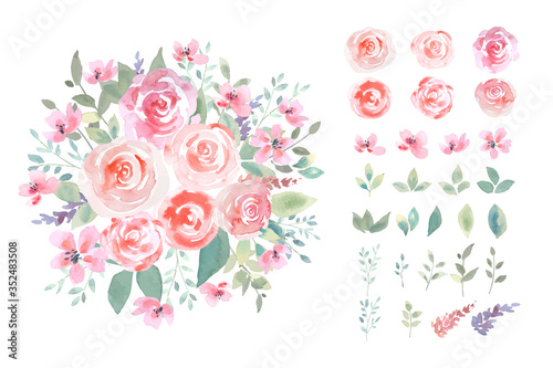 Water color rose with green leaf bouquet in botanical loose style with isolated arrangement set on white background illustration vector. Suitable for Valentine's day and wedding design elements.