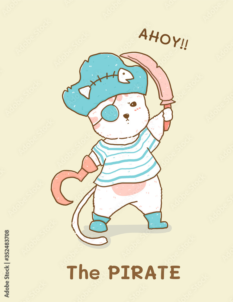 cute white cat in pirate costume, children illustration flat vector idea for greeting card, kid, nursery stuff print