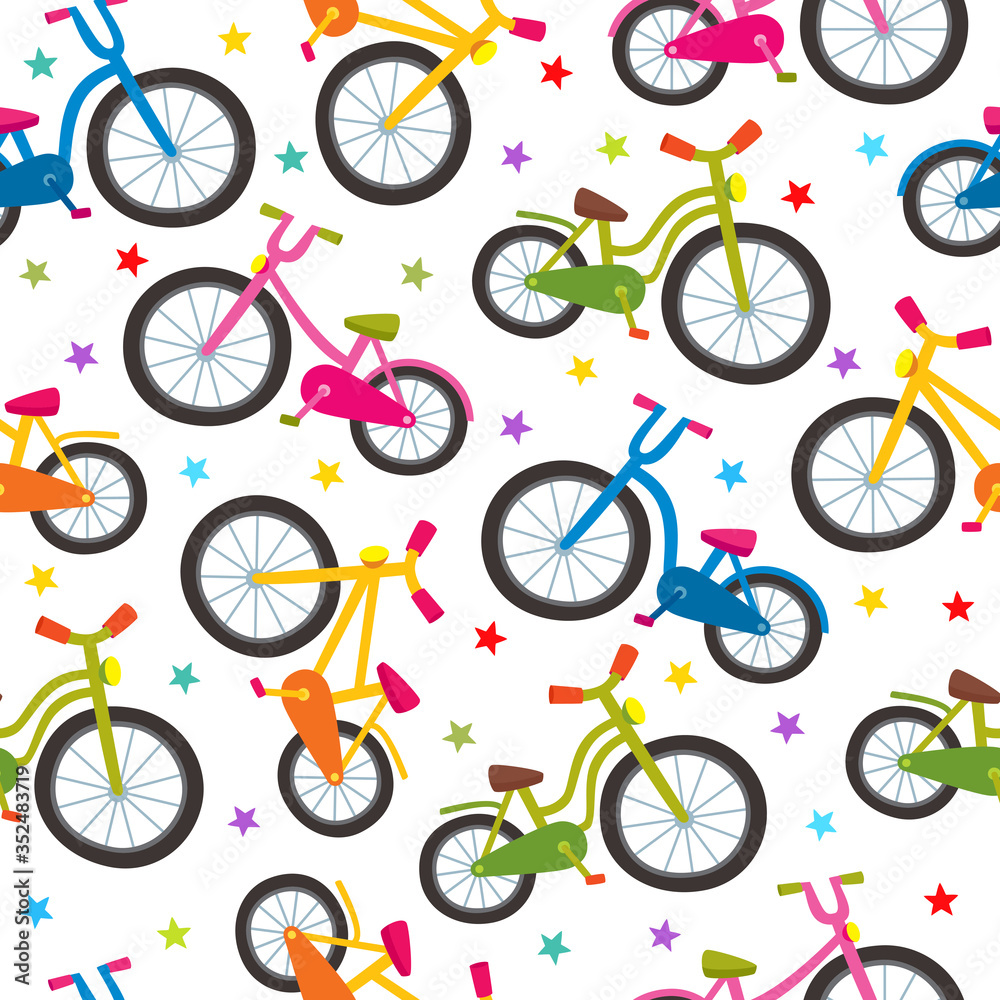 Colorful cartoon bicycles seamless pattern on white background