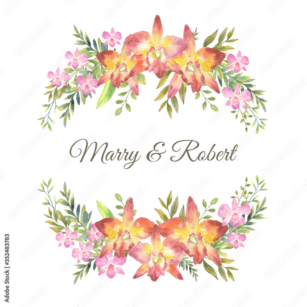 Water color pink orchids and cattleya orchid with green leaf botanical style bouquet on top and bottom, circle format, white background illustration vector. Suitable for wedding design elements.