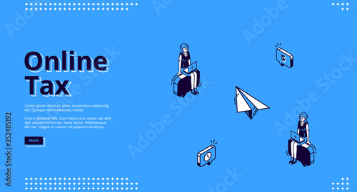 Online tax banner. Mobile payment concept. Vector landing page of electronic finance, digital transaction with isometric icon of human figure taxpayer and paper airplane from bill