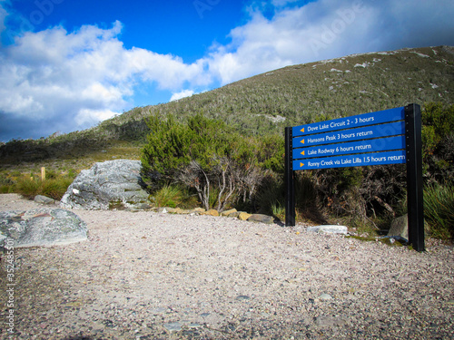 Foot trail for visitors at Cradle Mountain. Suitable to illustrate the benefit of exposure to nature. Immersion to nature is therapeutic, reduces stress, increases mental health and sense of community