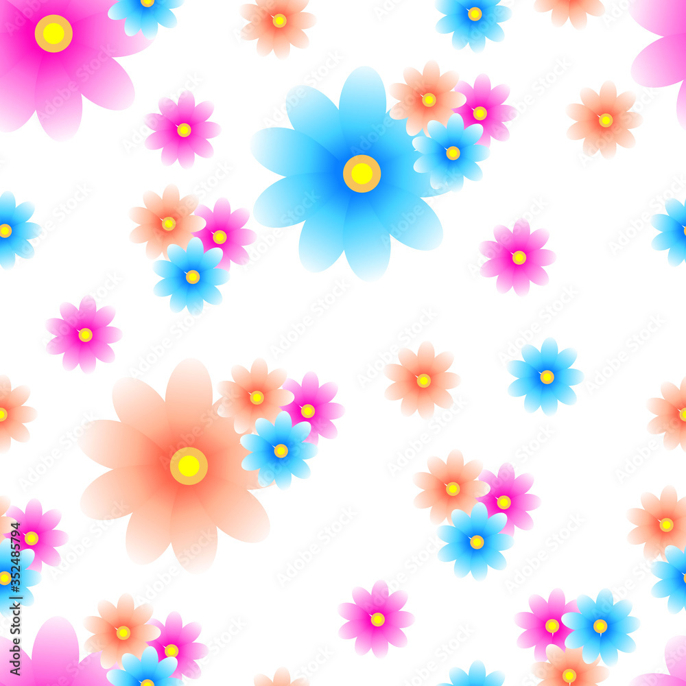 Vector seamless pattern with multi-colored flowers on a white background. Use in fabric, wrapping paper, wallpaper, bags, clothes, dishes, cases on smartphones and tablets.