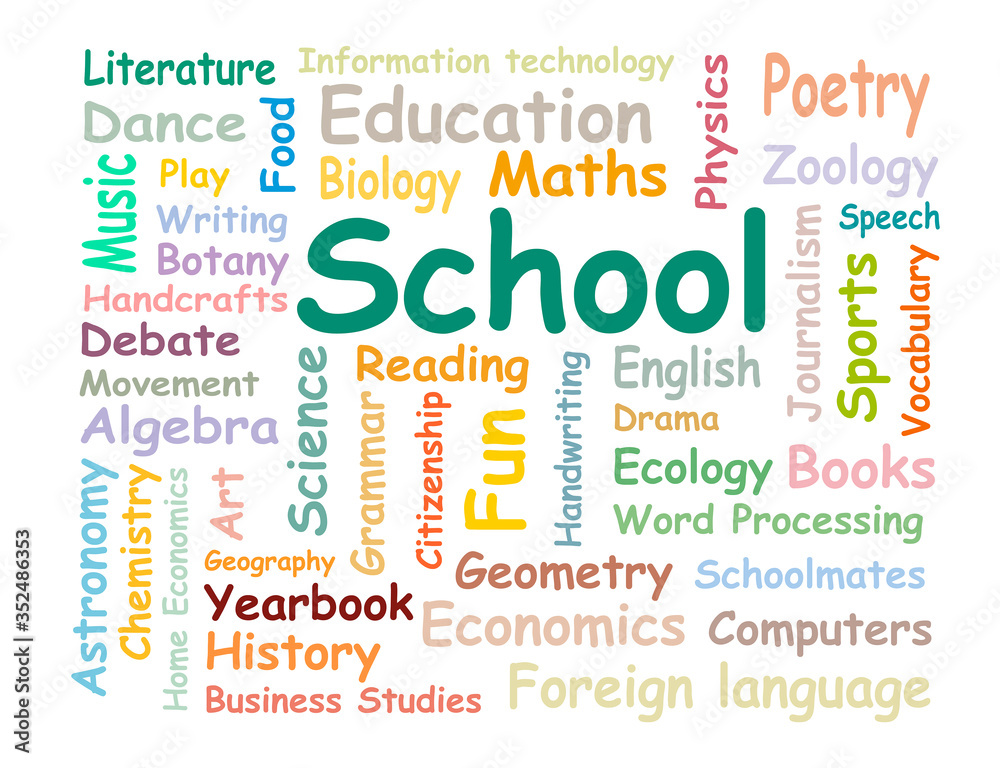 Fototapeta premium Back to school. Conceptual image of tag cloud containing words related to knowledge, learning, education, wisdom isolated on white background.