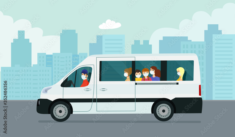 Van car with passengers against the background of an abstract cityscape. Vector flat style illustration.