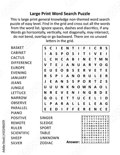 Large print general knowledge word search puzzle (words BASKET - ZODIAC). Answer included.