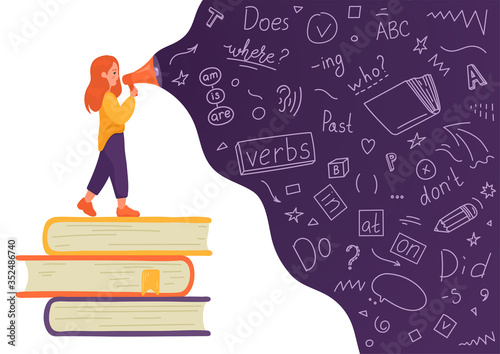 English. Girl on stack of books talking to megaphone with language doodle on white background. Female speaker. Teaching, translating, learning, education concept. photo