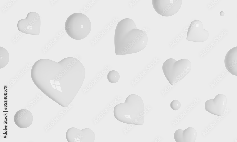 Background of white 3D flying hearts on a white background. For Valentine's day greeting cards. 3D rendering.