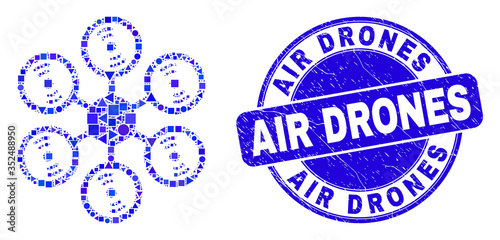 Geometric hexacopter mosaic icon and Air Drones stamp. Blue vector round scratched seal stamp with Air Drones caption. Abstract collage of hexacopter done of round, triangles, square geometric spots.