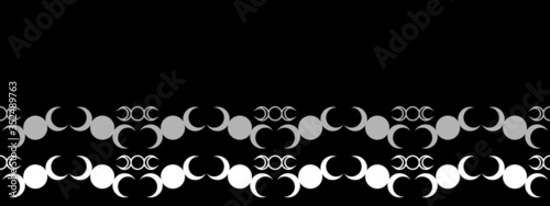 Border seamless repeating pattern of the Triple Moon symbol icon design.  Black and white vector illustration. Surface pattern design.