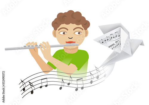 Little boy playing on the flute, poetic musical theme.
Illustration of boy playing flute with origami pigeon and wave with musical notes. Isolated on white background. Vector available.