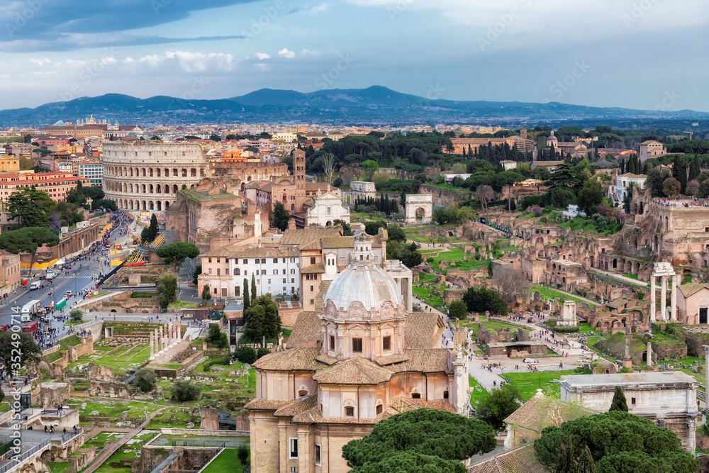 Rome skyline with Colosseum and Roman Forum, Rome, Italy.