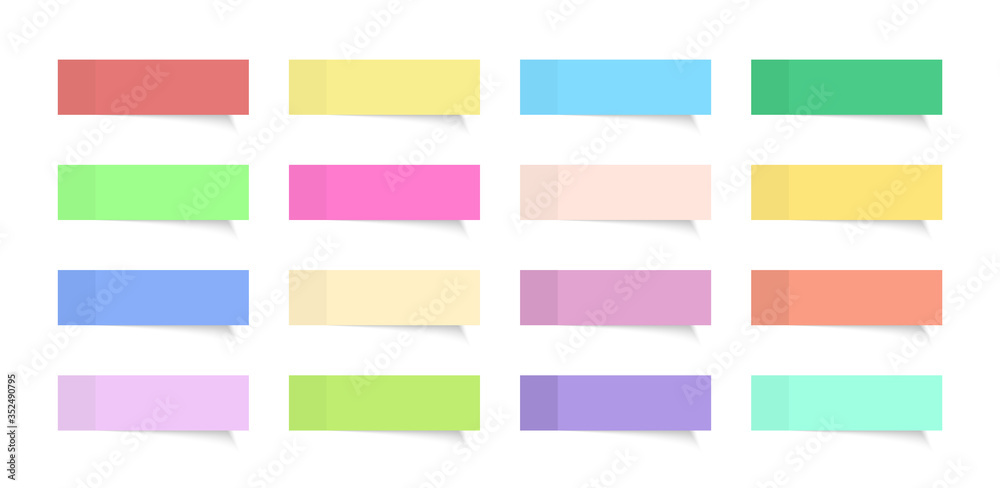 Note sticker. Sticky paper post. Color memo tape. Rectangle label for school. Long bulletins with shadows. Background for reminder. Notice in office with adhesive. Blank 3d tag. Board- banner. Vector Note sticker. Sticky paper post. Color memo tape. Rectangle label for school. Long bulletins with shadows. Background for reminder. Notice in office with adhesive. Blank 3d tag. Board- banner. Vector