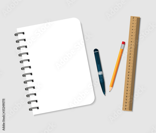 Spiral notebook with pen, pencil and ruler. Notepad for note in school. A5 paper pad with cover and binder for office, education. Bound booklet with stationery for math, drawing. Blank diary. Vector