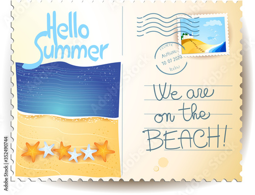 Summer postacard with seascape, text, stamp and postmark