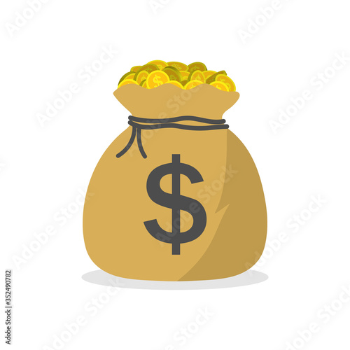 Sack with money. Bag with gold coins of dollars. Icon of moneybag. Symbol of cash for pay. Million of euro - jackpot. Bank is saving treasure. Concept of deposit, savings and prize. Big debt. Vector