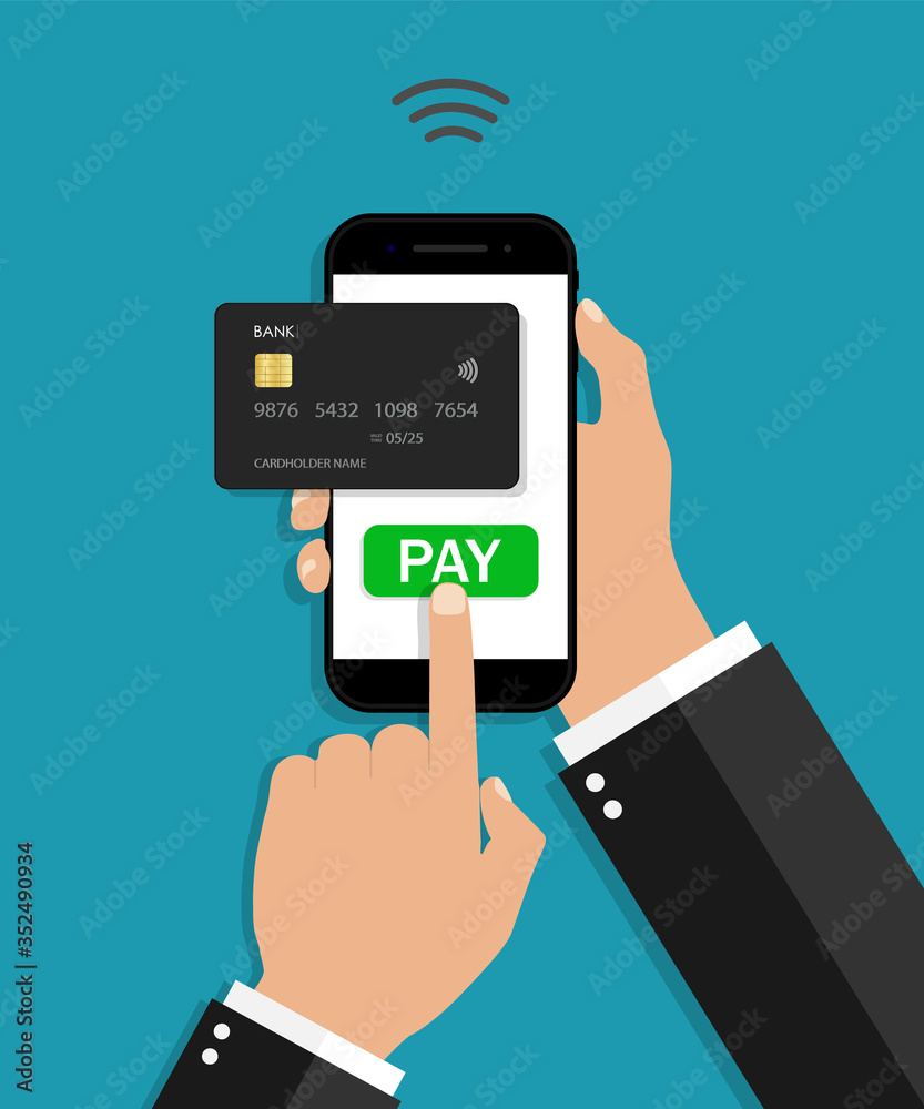 Payment from phone by card. Hand holding mobile with app of online pay. Contactless transaction from smartphone in shop. Wireless service for customer. Paypass icon. Transfer credit money. Vector Payment from phone by card. Hand holding mobile with app of online pay. Contactless transaction from smartphone in shop. Wireless service for customer. Paypass icon. Transfer credit money. Vector